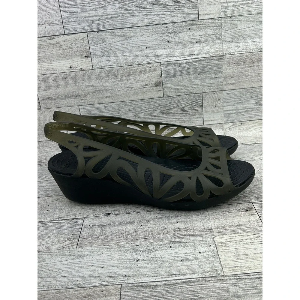 Crocs Adrina‎ III Peep Toe Wedge Sandals Army Green Black Womens 9 14937
